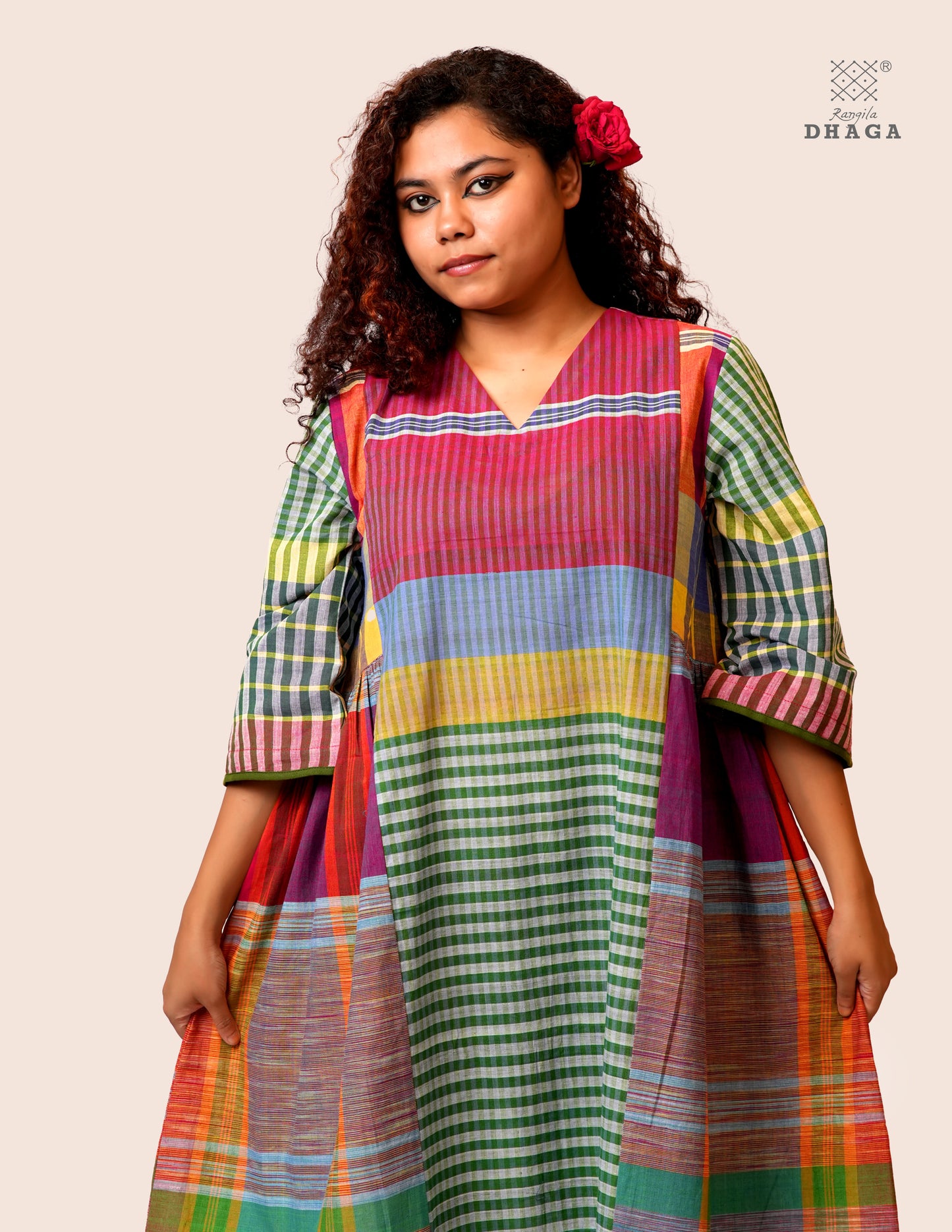 Hand Embroidered Multicolor Handloom Gamcha Dress | Artisan Cotton Dress | Rangila Dhaga | Rangila Dhaga KD003