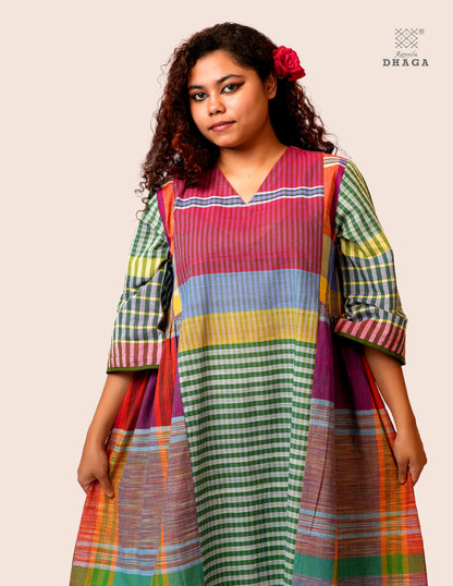 Hand Embroidered Multicolor Handloom Gamcha Dress | Artisan Cotton Dress | Rangila Dhaga | Rangila Dhaga KD003