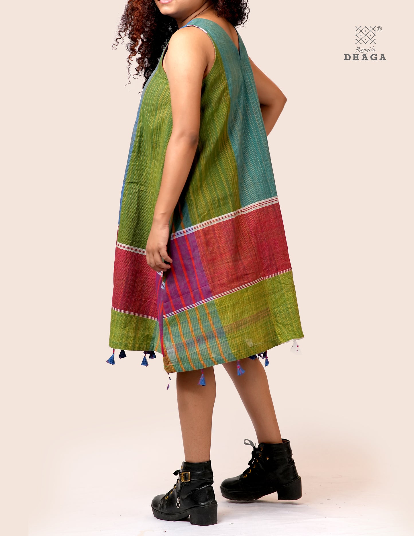 Handloom Gamcha Patchwork A-Line Dress with Cotton Lining, Both-Side Pockets & Handcrafted Bottom Tassels | Multicolor | Rangila Dhaga KD007