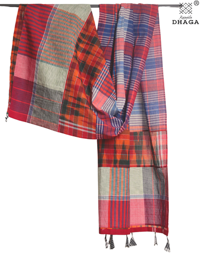 Rangila Dhaga Patchwork Gamcha Dupatta with Tassels – Multicolor Checks (2.5m)- GD002