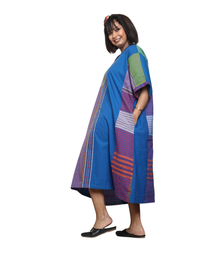 Handloom Blue Cotton &amp; Multicolor Gamcha Patchwork Dress