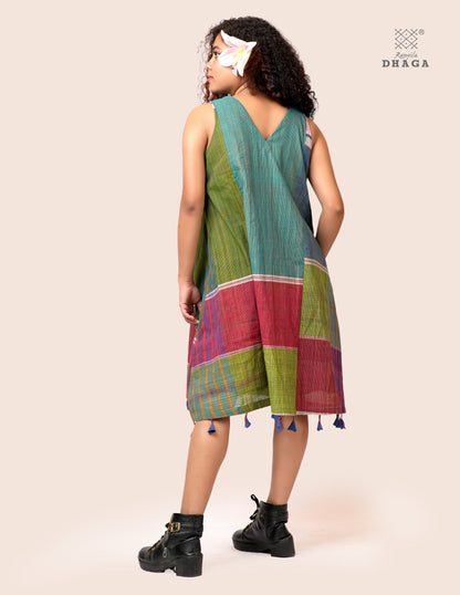 Handloom Gamcha Patchwork A-Line Dress with Cotton Lining, Both-Side Pockets & Handcrafted Bottom Tassels | Multicolor | Rangila Dhaga KD007