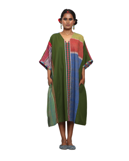 Handloom Green Cotton &amp; Multicolor Gamcha Patchwork Dress