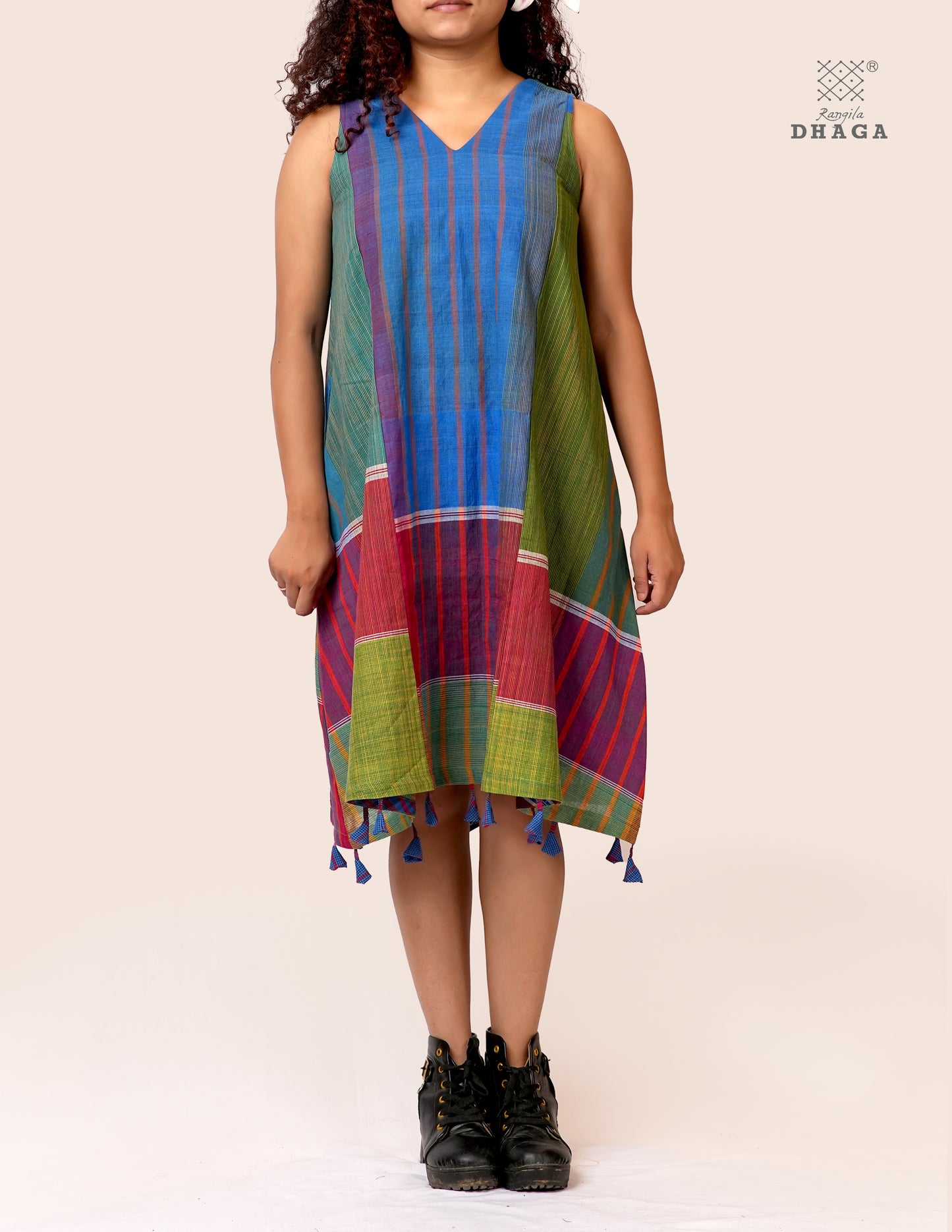 Handloom Gamcha Patchwork A-Line Dress with Cotton Lining, Both-Side Pockets & Handcrafted Bottom Tassels | Multicolor | Rangila Dhaga KD007
