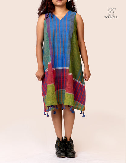 Handloom Gamcha Patchwork A-Line Dress with Cotton Lining, Both-Side Pockets & Handcrafted Bottom Tassels | Multicolor | Rangila Dhaga KD007