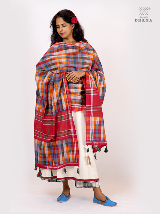 Handloom Kotki Gamcha Cotton Dupatta | Multicolour Handwoven Artisan Dupatta with Tassels (2.5m) GD028