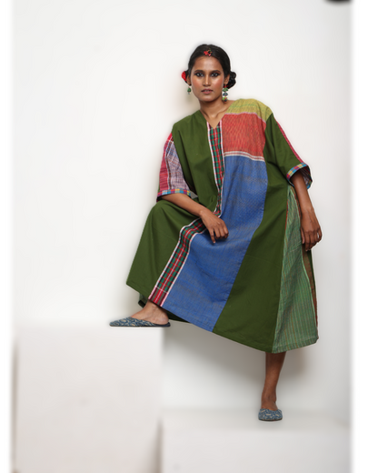 Handloom Green Cotton &amp; Multicolor Gamcha Patchwork Dress