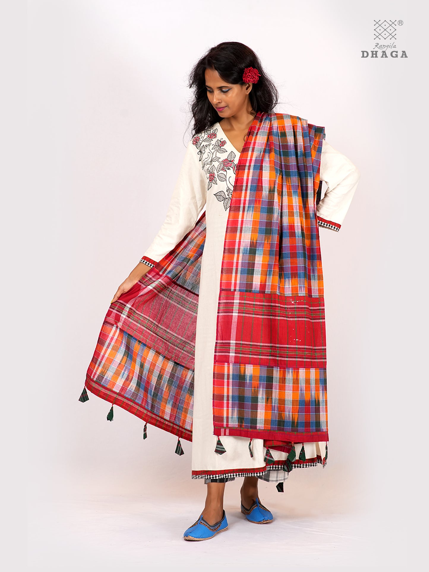 Handloom Kotki Gamcha Cotton Dupatta | Multicolour Handwoven Artisan Dupatta with Tassels (2.5m) GD028