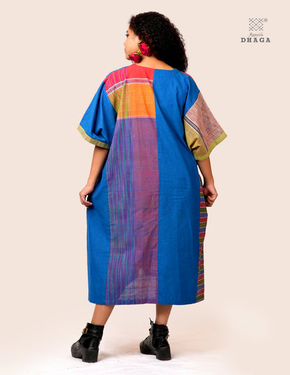 Handloom Blue Cotton Multicolor Gamcha Patchwork Dress- KD025