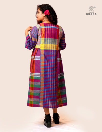 Handloom Gamcha Yoke Gathered Dress | Artisan Cotton Dress with Pockets| Rangila Dhaga KD008