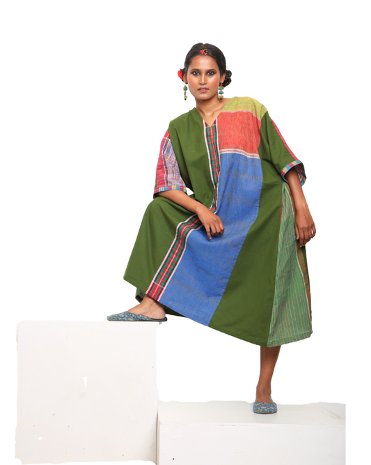 Handloom Green Cotton Multicolor Gamcha Patchwork Dress with Pockets