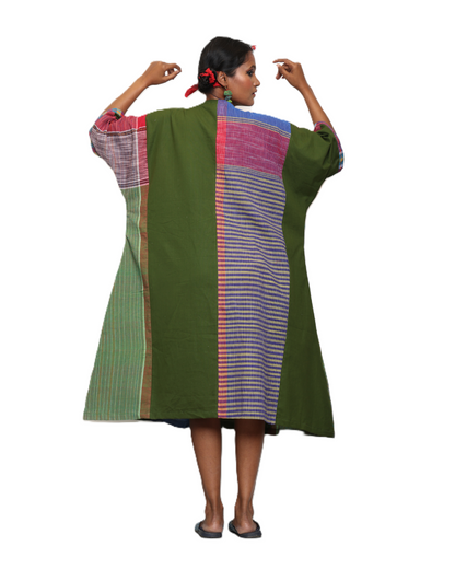 Handloom Green Cotton &amp; Multicolor Gamcha Patchwork Dress