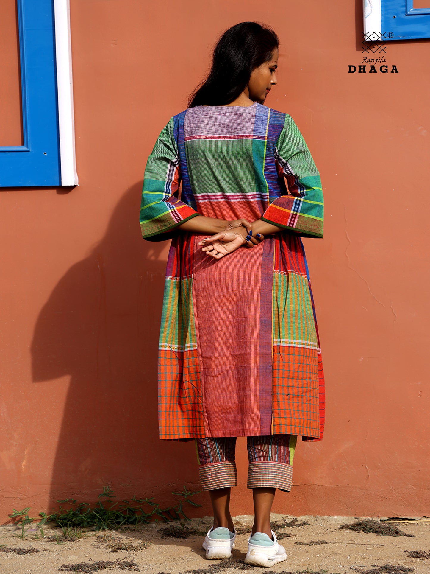 Handloom Cotton Gamcha Atrangi Multicolor Dress with Both Side Pockets- D06