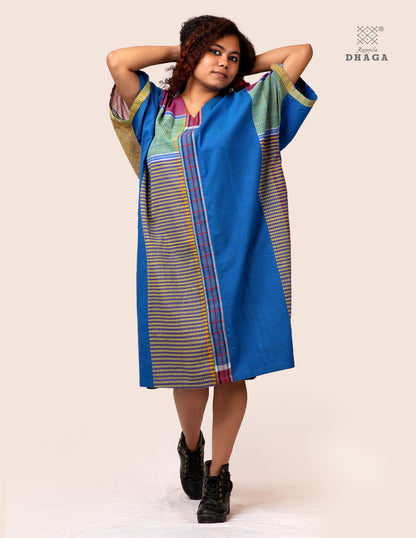 Handloom Blue Cotton Multicolor Gamcha Patchwork Dress- KD025