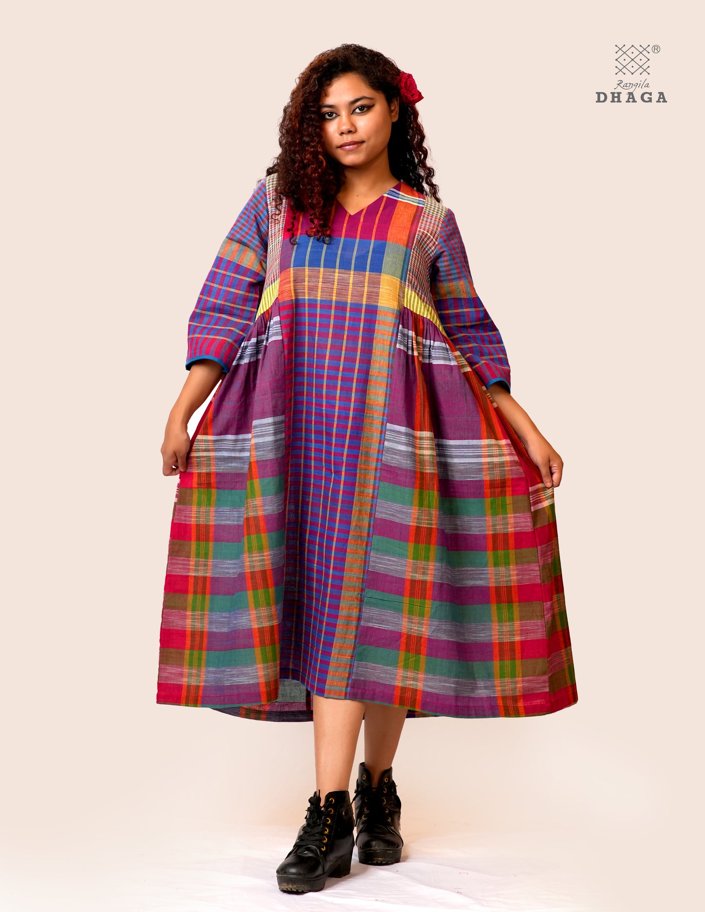 Handloom Gamcha Yoke Gathered Dress | Artisan Cotton Dress with Pockets| Rangila Dhaga KD008