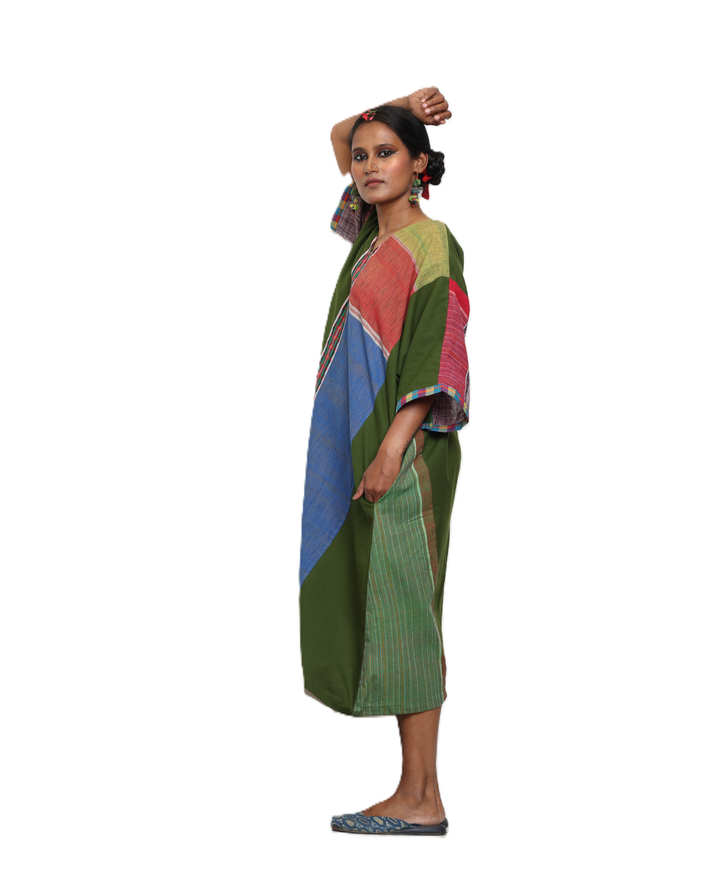 Handloom Green Cotton &amp; Multicolor Gamcha Patchwork Dress