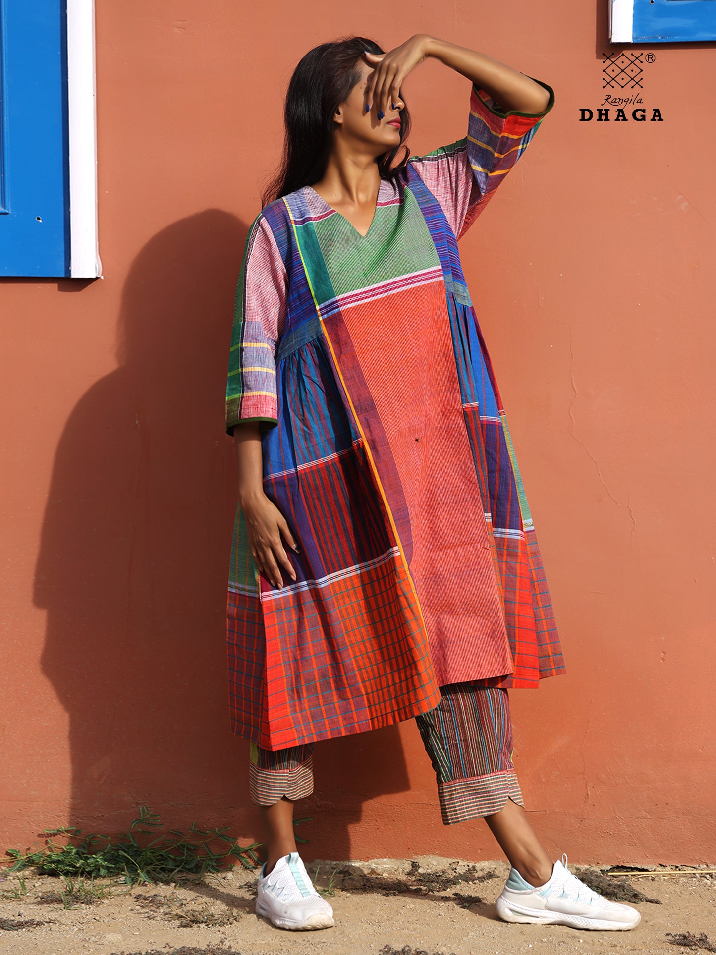 Handloom Cotton Gamcha Atrangi Multicolor Dress with Both Side Pockets- D06