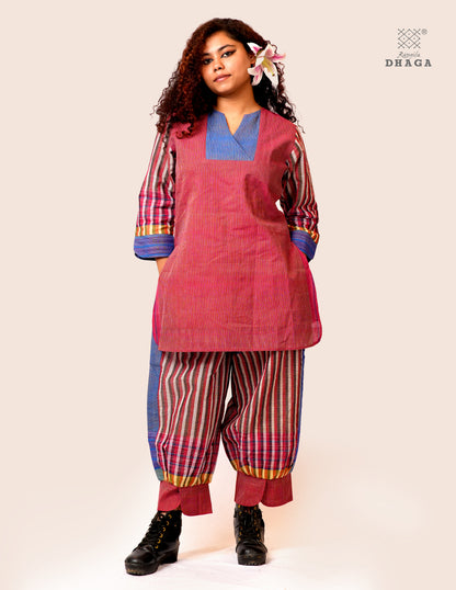 Handloom Cotton Gamcha Co-ord Set for Women – Red & Blue Striped Kurti with Lining and Relaxed Fit Pocket Pants - CODE05