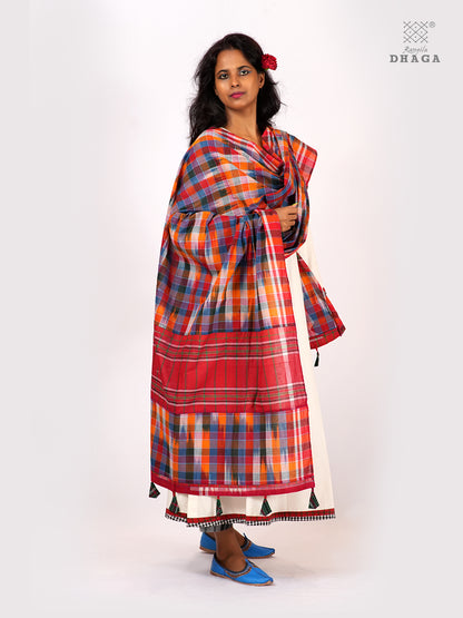 Handloom Kotki Gamcha Cotton Dupatta | Multicolour Handwoven Artisan Dupatta with Tassels (2.5m) GD028