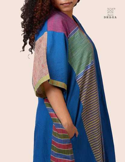 Handloom Blue Cotton Multicolor Gamcha Patchwork Dress- KD025