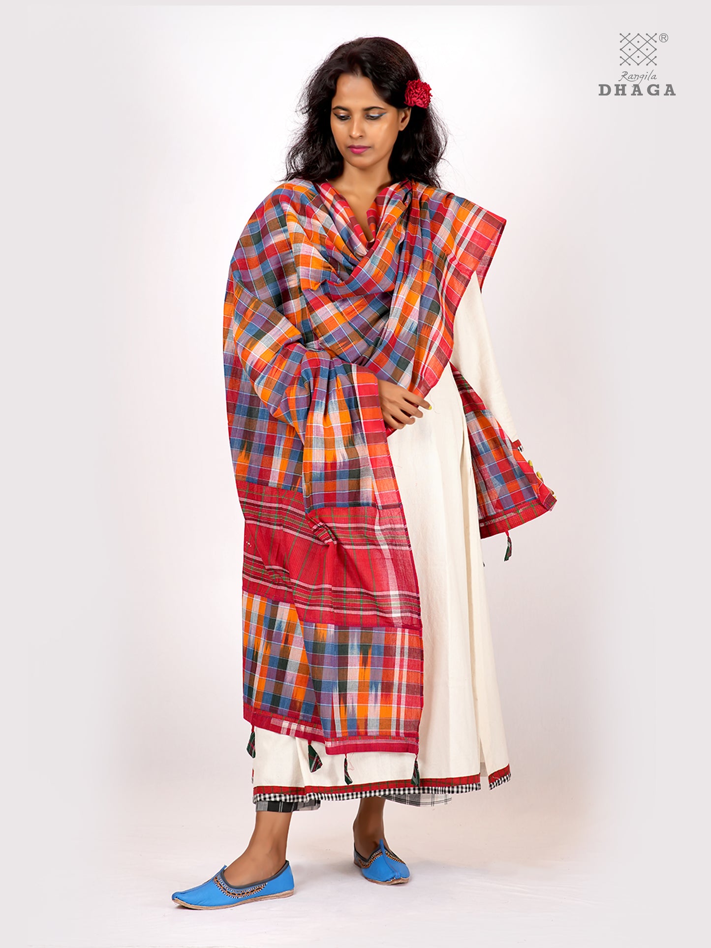 Handloom Kotki Gamcha Cotton Dupatta | Multicolour Handwoven Artisan Dupatta with Tassels (2.5m) GD028