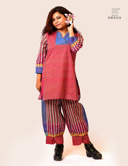 Handloom Cotton Gamcha Co-ord Set for Women – Red & Blue Striped Kurti with Lining and Relaxed Fit Pocket Pants - CODE05