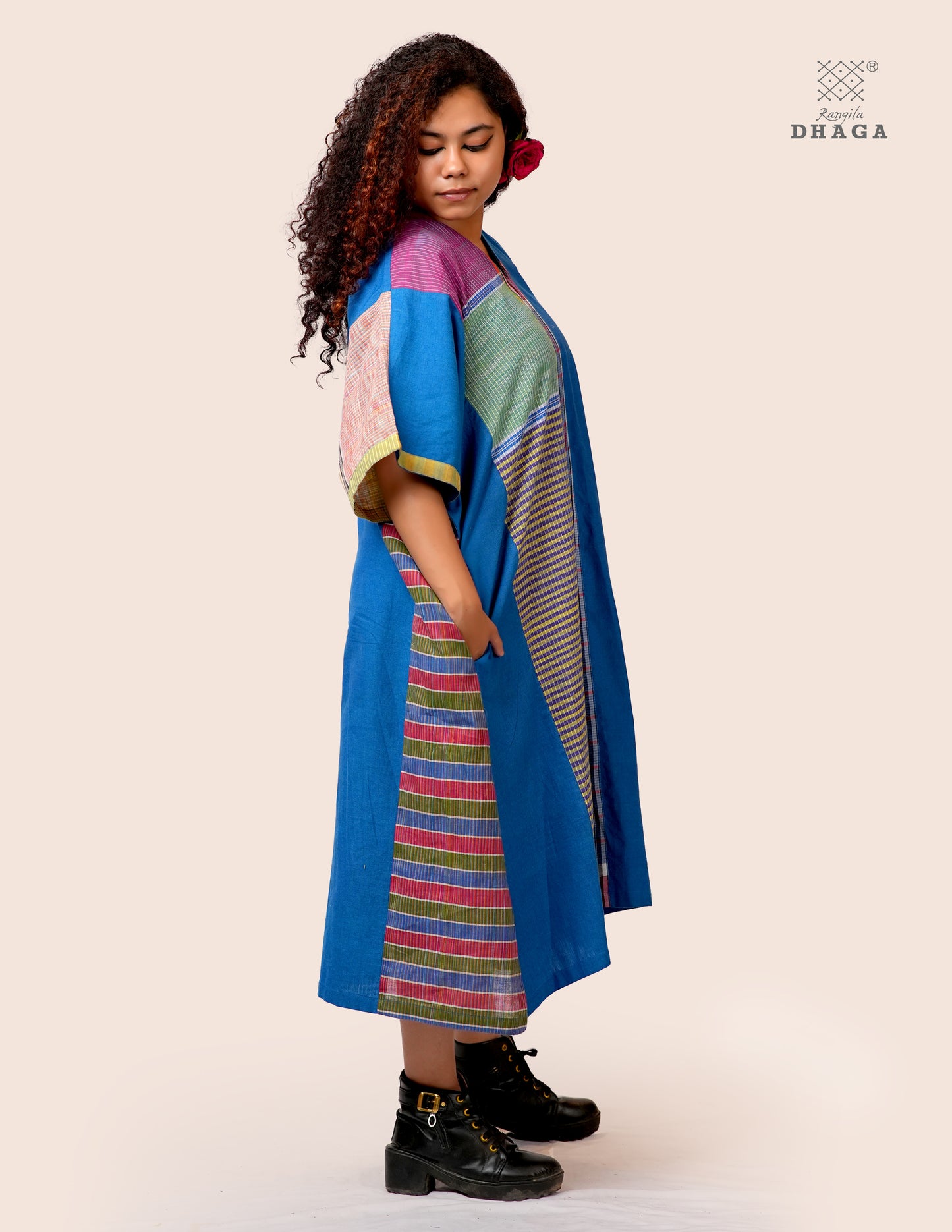 Handloom Blue Cotton Multicolor Gamcha Patchwork Dress- KD025