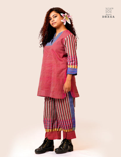Handloom Cotton Gamcha Co-ord Set for Women – Red & Blue Striped Kurti with Lining and Relaxed Fit Pocket Pants - CODE05