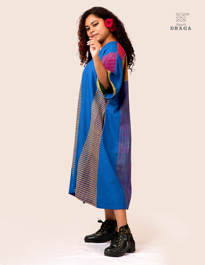 Handloom Blue Cotton Multicolor Gamcha Patchwork Dress- KD025