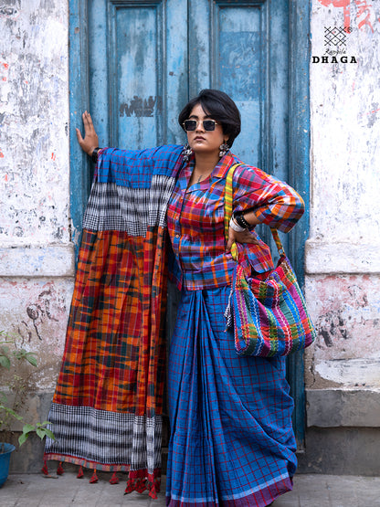 Patchwork Saree Gamcha Fashion Handloom Cotton Fabric  Blue & Red Multicolor GS114