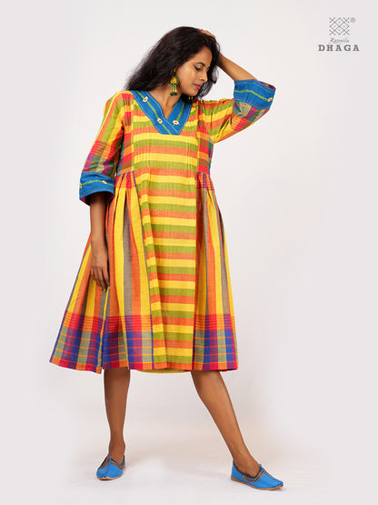 Handembroidered Handloom Gamcha Pintuck Yoke Gathered Dress | Artisan Cotton Dress with Pockets| Rangila Dhaga KD007