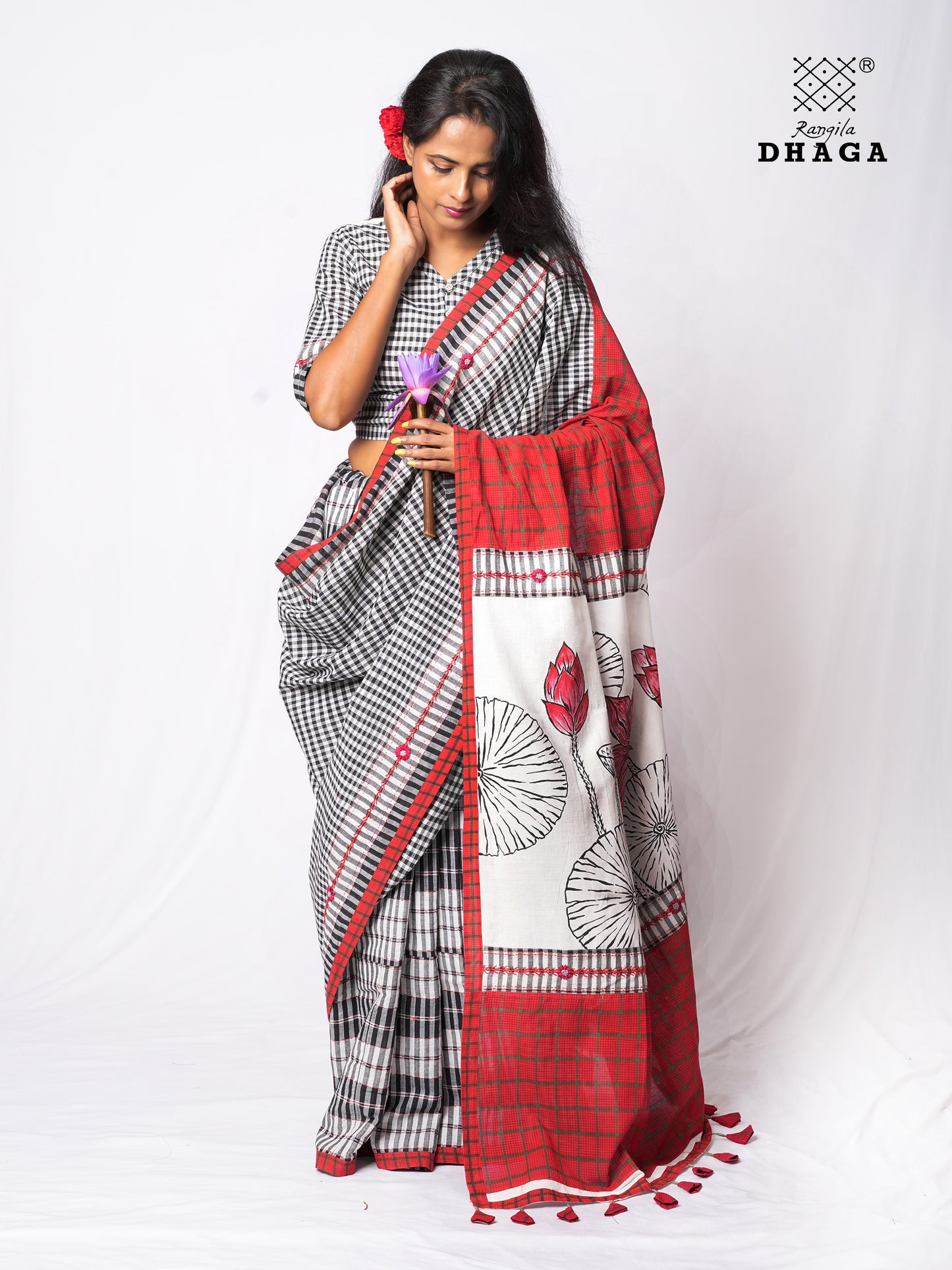 Handpainted Lotus Pallu with Hand-Embroidered Kantha & Flower Stitch Patchwork Handloom Gamcha Saree | Padma Includes Blouse Piece GS138