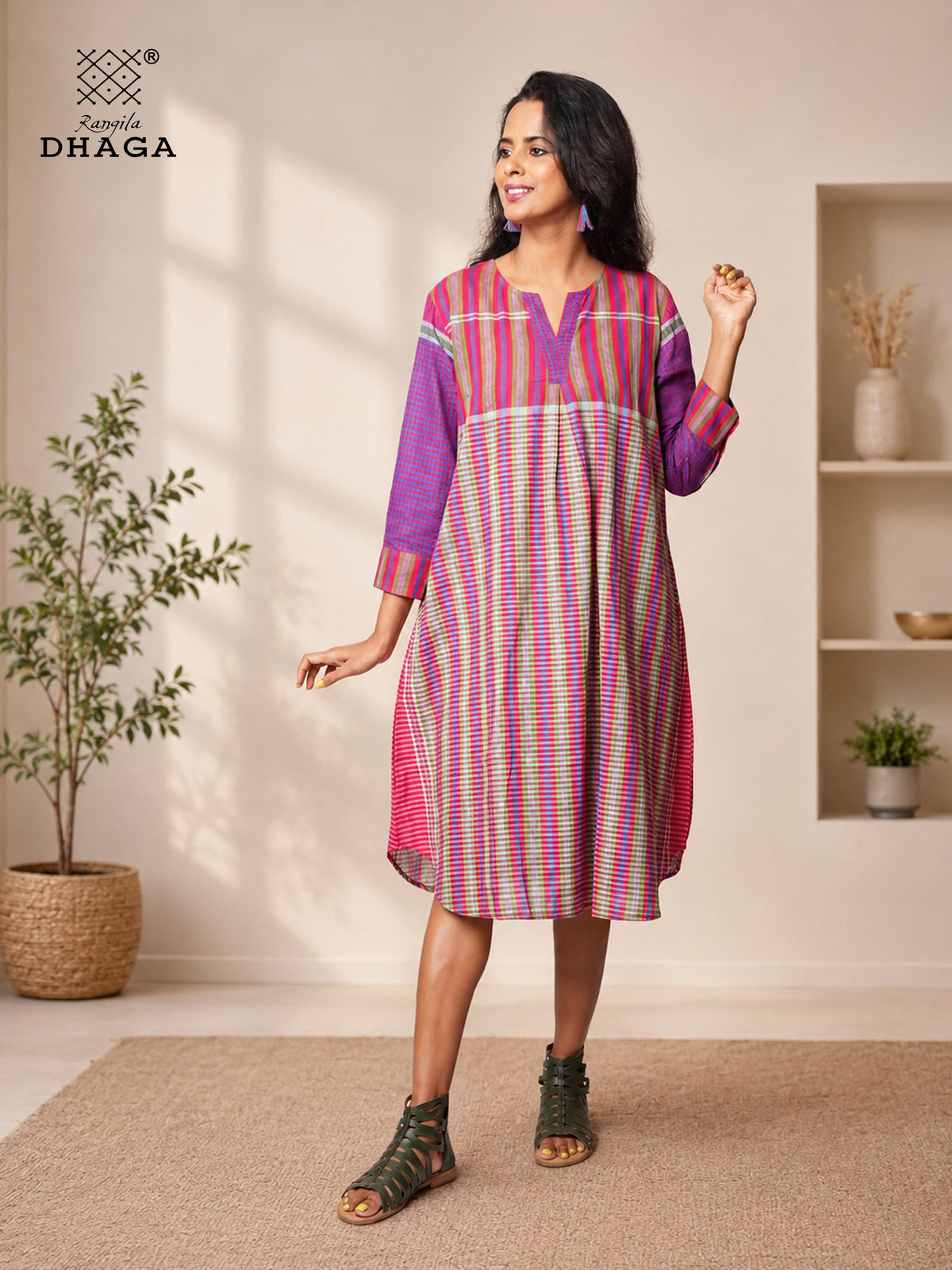 Handloom Gamcha Cotton Multicolour Dress with Pockets | Rangila Dhaga  K12