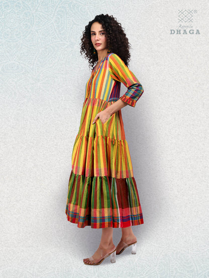 Handloom Cotton Multicolor Striped Flared  Yellow Dress cum Open Shrug – Rangila Dhaga D51