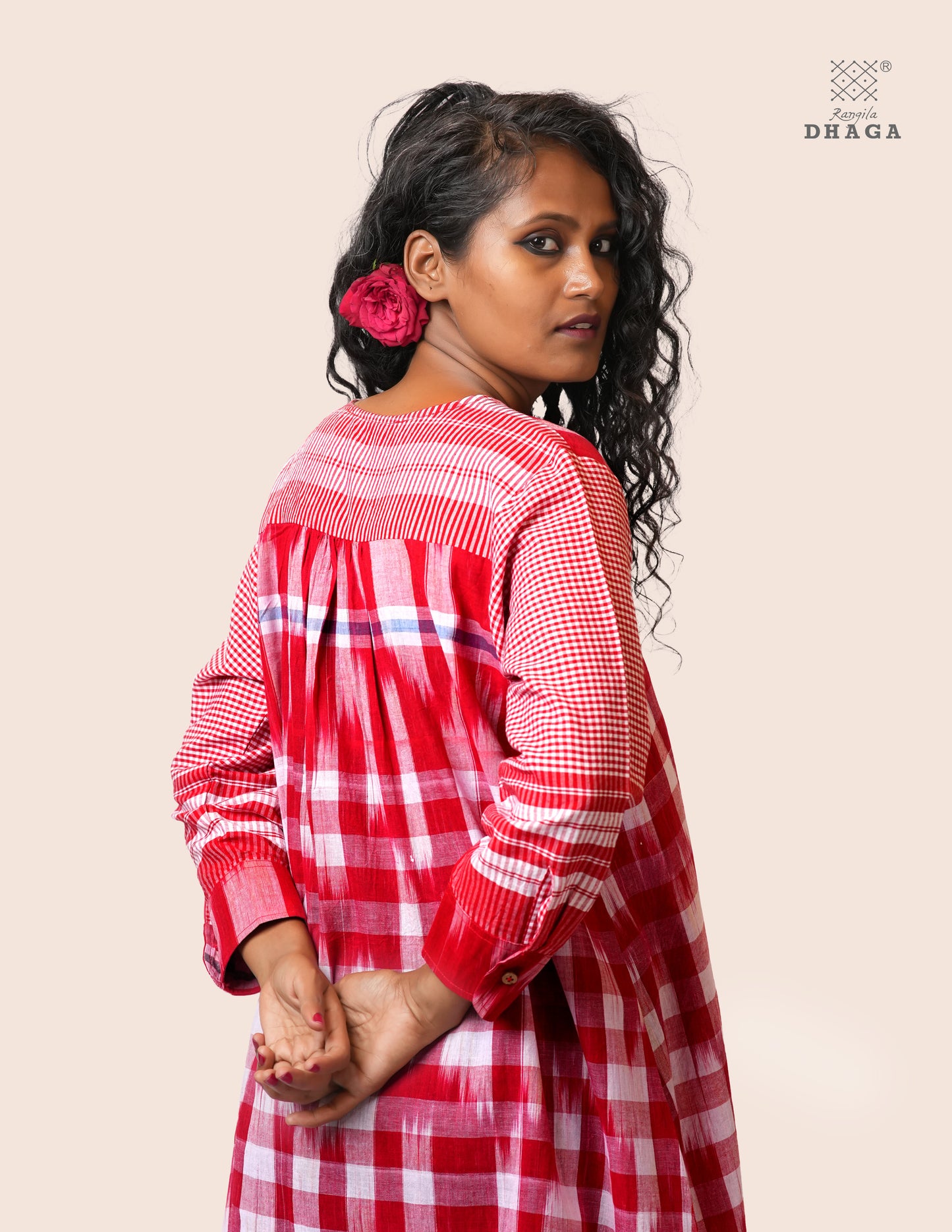Red & White Handloom Kotki Gamcha Check Midi Dress | Pure Cotton | Rangila Dhaga KD001