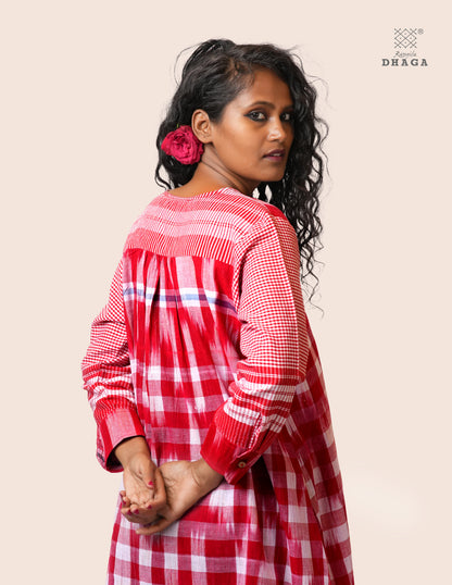 Red & White Handloom Kotki Gamcha Check Midi Dress | Pure Cotton | Rangila Dhaga KD001