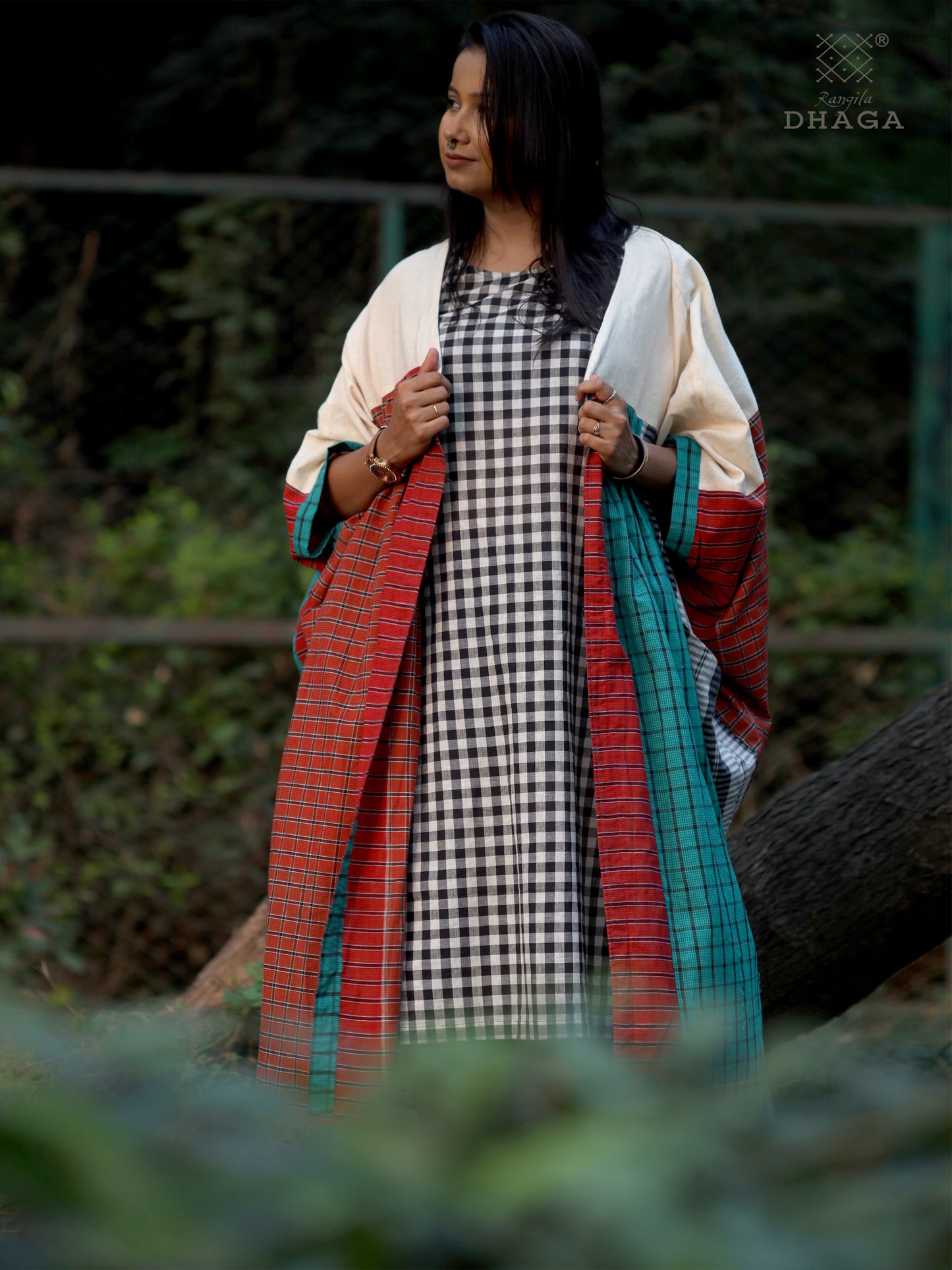 Shrug Long  Free Size  Gamcha Fashion Handloom Cotton Brown and White SHR30