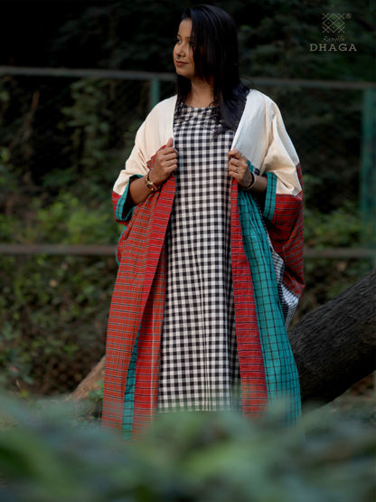 Shrug Long  Free Size  Gamcha Fashion Handloom Cotton Brown and White SHR30
