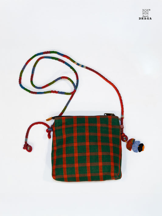 Sling Bag Gamcha Fashion Hand Embroided  Green  SL05