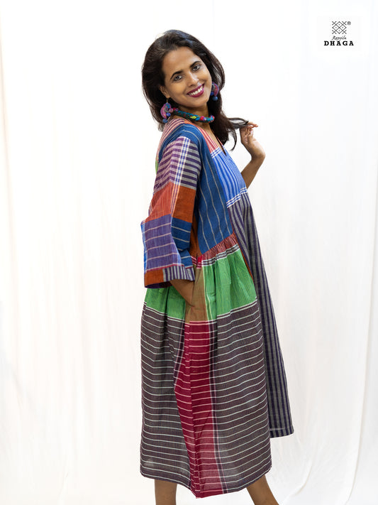 Multicolor Handloom Gamchha Free Size Dress with Pockets – Knee Length, Flared Fit D53
