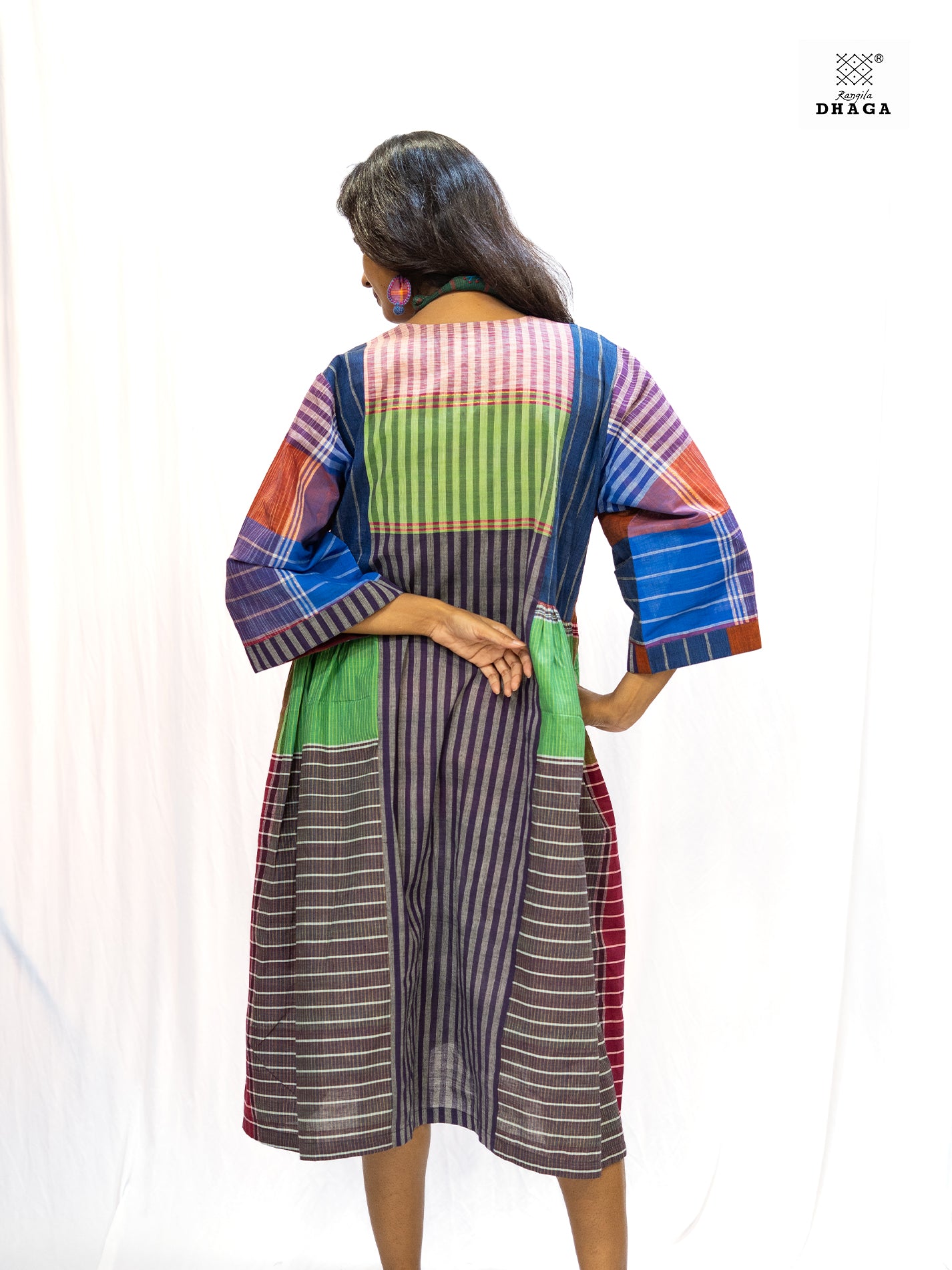 Multicolor Handloom Gamchha Free Size Dress with Pockets – Knee Length, Flared Fit D53