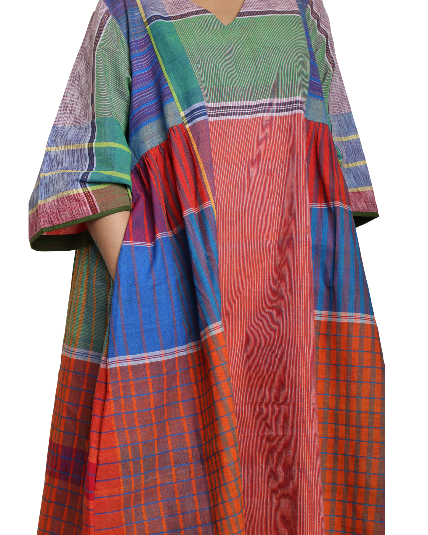 Handloom Cotton Gamcha Atrangi Multicolor Dress With Bothside Pockets