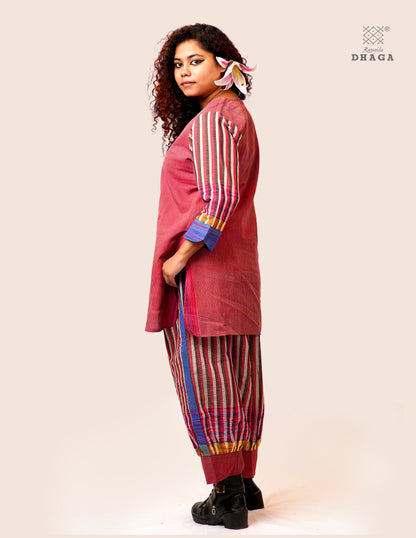 Handloom Cotton Gamcha Co-ord Set for Women – Red & Blue Striped Kurti with Lining and Relaxed Fit Pocket Pants - CODE05