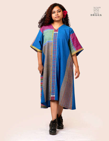Handloom Blue Cotton Multicolor Gamcha Patchwork Dress- KD025
