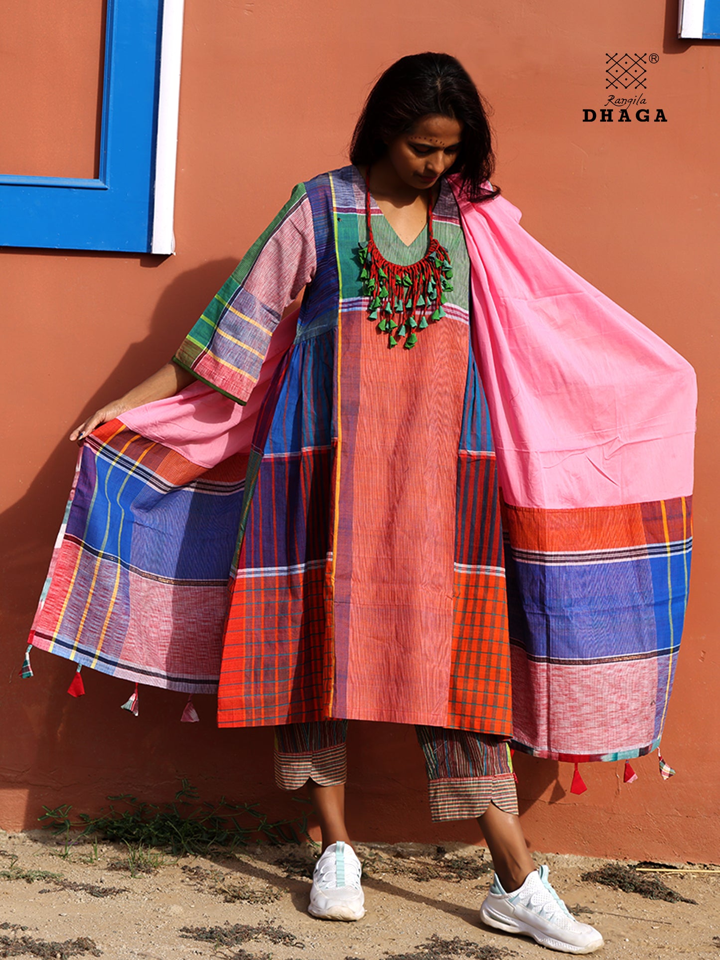 Handloom Cotton Gamcha Atrangi Multicolor Dress with Both Side Pockets- D06