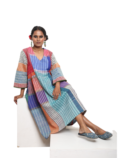 Handloom cotton Gamcha Atrangi Multicolor Dress with bothside pockets