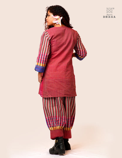 Handloom Cotton Gamcha Co-ord Set for Women – Red & Blue Striped Kurti with Lining and Relaxed Fit Pocket Pants - CODE05