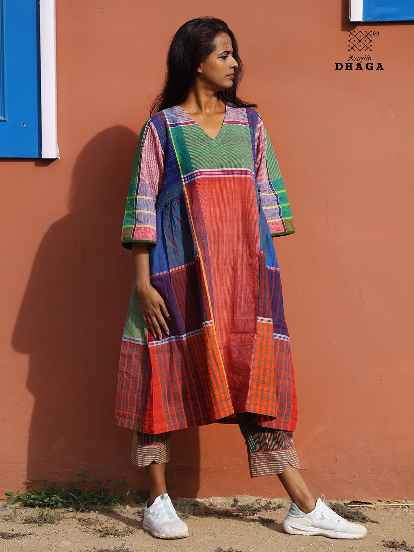 Handloom Cotton Gamcha Atrangi Multicolor Dress with Both Side Pockets- D06
