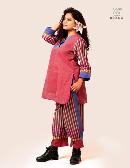 Handloom Cotton Gamcha Co-ord Set for Women – Red & Blue Striped Kurti with Lining and Relaxed Fit Pocket Pants - CODE05