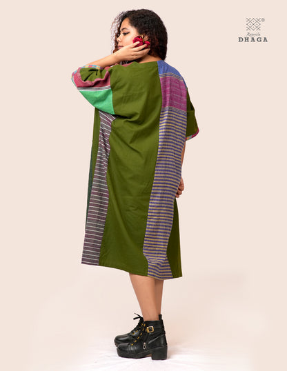 Handloom Green Cotton Multicolor Gamcha Patchwork Dress with Pockets- KD026